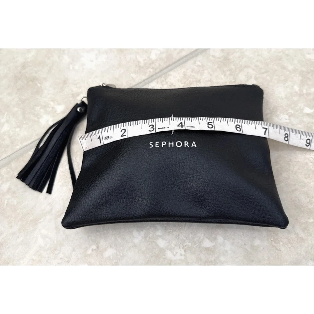 New Sephora Makeup Bag Black Faux Leather Zebra Lining Zip W/ Tassel Size Small